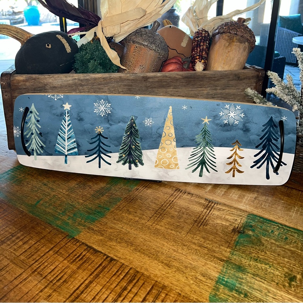 Bamboo winter trees serving board charcuterie platter with handles. NWT